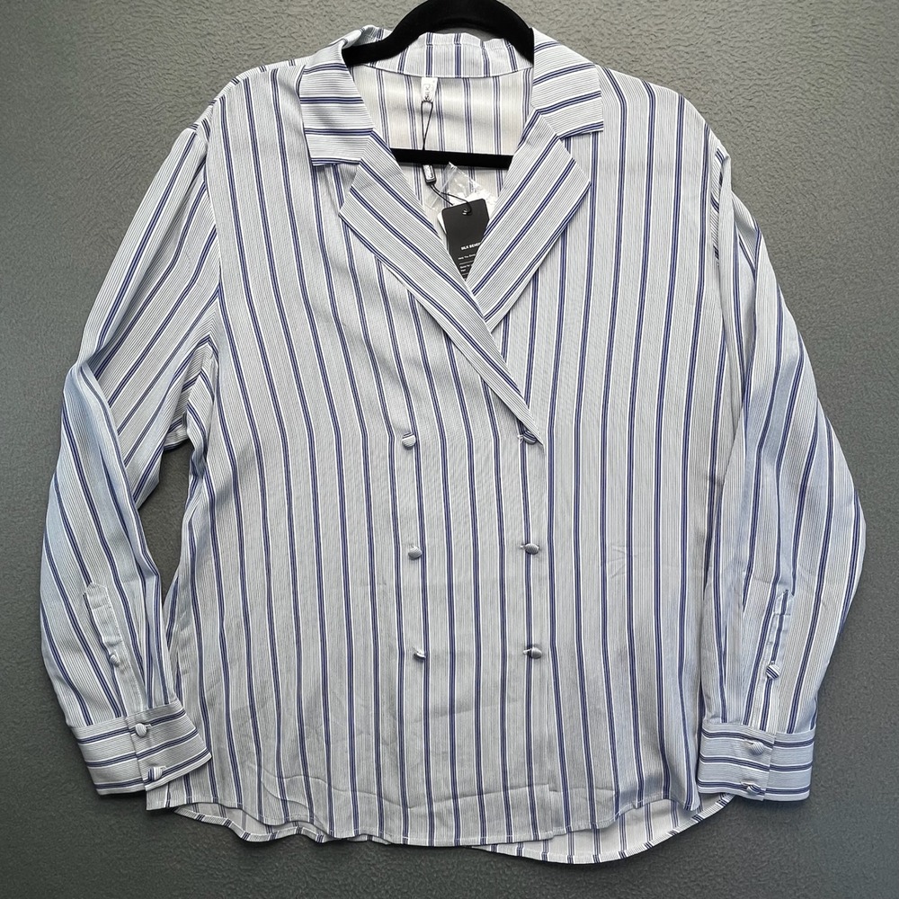 NWT LILYSILK 100% Mulberry Silk Stripe Double Breasted Pajama Style Blouse XL